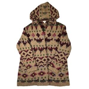 J. Jill Aztec Lenox Wool Duster Cardigan Women PL Beige Heavy Winter Granny Boho